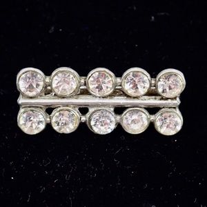 Vintage Clear Rhinestone Silver Tone MCM Lapel Bar Pin Brooch Bezel Set Riveted